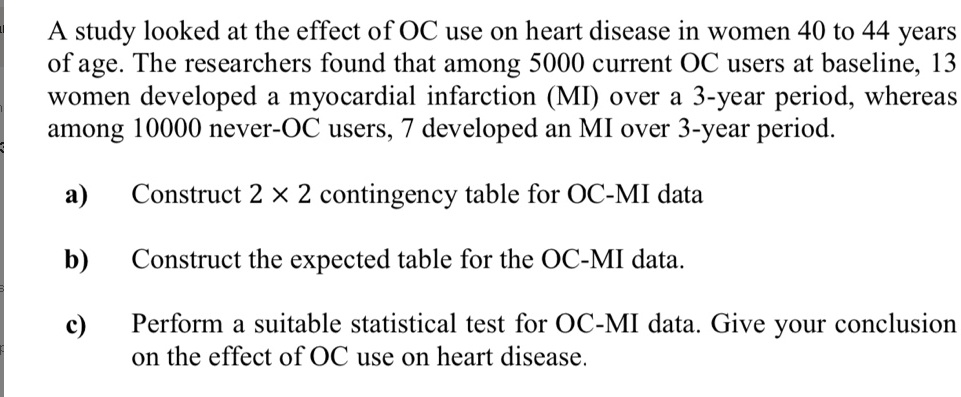 A study looked at the effect of OC use on heart disease in women 40 to 44 years of age. The researchers found that among 5000 current OC users at baseline, 13 women developed a myocardial infarction (MI) over a 3-year period, whereas among 10000 never-OC users, 7 developed an MI over 3-year period.

a) Construct 2 × 2 contingency table for OC-MI data
b) Construct the expected table for the OC-MI data.
c) Perform a suitable statistical test for OC-MI data. Give your conclusion on the effect of OC use on heart disease.