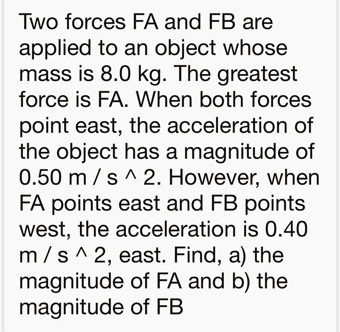 Two forces fa and fb are applied to an object whose mass is...