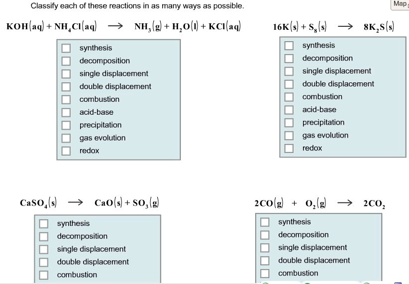 Classify each of these reactions in as many ways as possible. KOH 