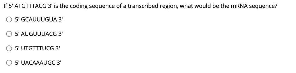 If 5' ATGTTTACG 3' is the coding sequence of a transcribed region, what would be the mRNA sequence?
5' GCAUUUGUA 3'
5' AUGUUUACG 3'
5' UTGTTTUCG 3'
5' UACAAAUGC 3'