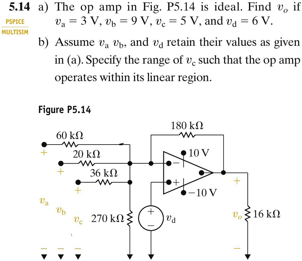 SOLVED: 5.14 a) The op amp in Fig. P5.14 is ideal. Find v, if PSPICE 2a ...