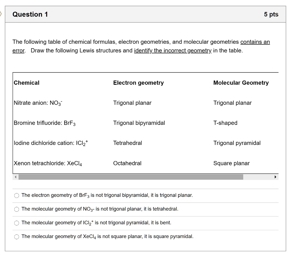 SOLVED The following table of chemical formulas, electron geometries