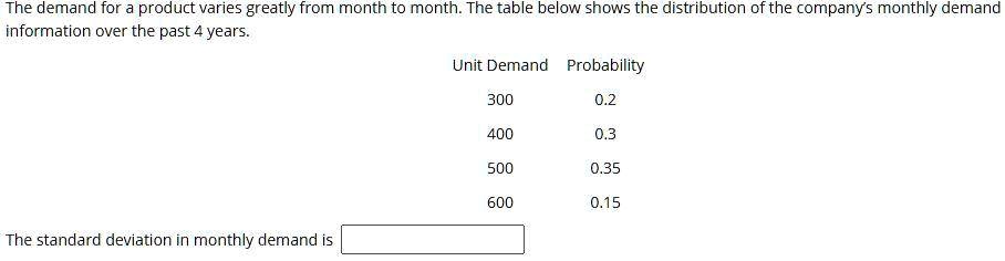 The demand for a product varies greatly from month to month. The table below shows the distribution of the company's monthly demand information over the past 4 years.
Unit Demand Probability
300 0.2
400 0.3
500 0.35
600 0.15
The standard deviation in monthly demand is