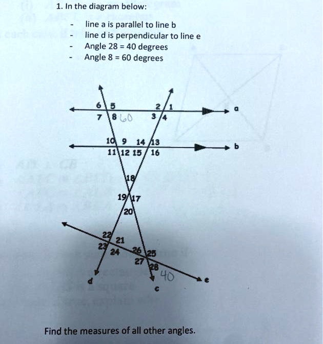 1. In the diagram below:
- line a is parallel to line b
- line d is perpendicular to line e
- Angle 28 = 40 degrees
- Angle 8 = 60 degrees
Find the measures of all other angles.