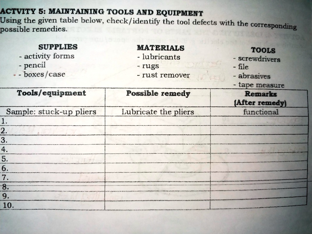 SOLVED 'maintaning tools and equipment patulong po thanks ) ACTVITY 5
