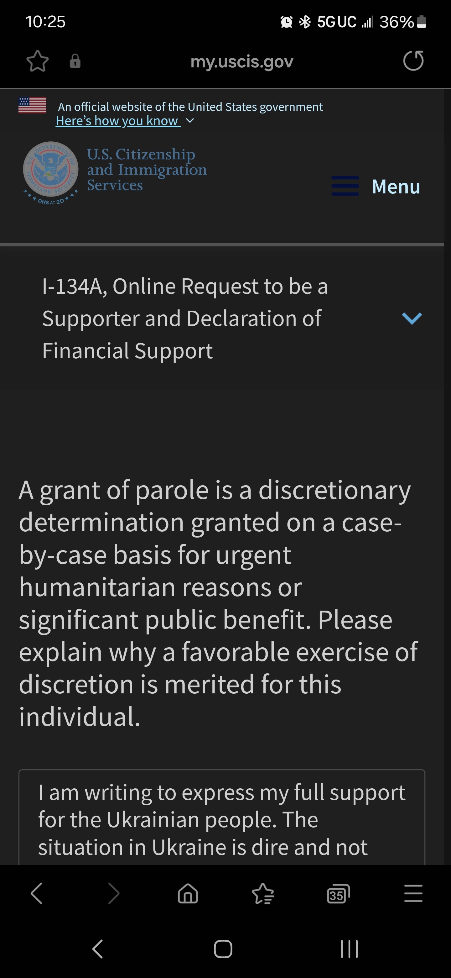 10: 25 c) 5GUC , s 36% my.uscis.gov ↺ An official website of the 