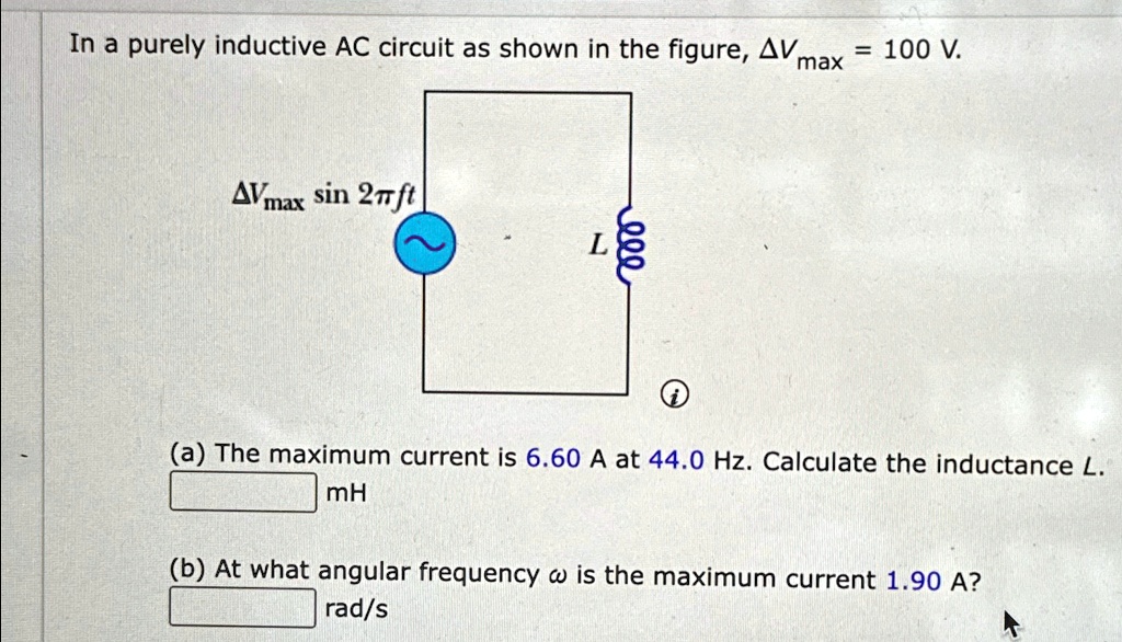 SOLVED: In a purely inductive AC circuit as shown in the figure, ΔVmax ...