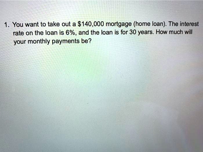You want to take out a 140,000 mortgage (home loan). The interest rate on the loan is 6%, and the loan is for 30 years. How much will your monthly payments be?
