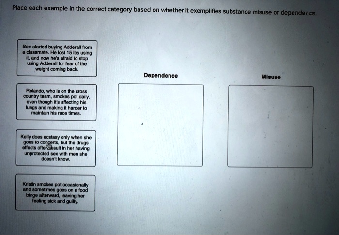 Place each example in the correct category based on whether it exemplifies substance misuse or dependence.

Ben started buying Adderall from a classmate. He lost 15 lbs using it, and now he's afraid to stop using Adderall for fear of the weight coming back.

Dependence

Misuse

Rolando, who is on the cross country team, smokes pot daily, even though it's affecting his lungs and making it harder to maintain his race times.

Kelly does ecstasy only when she goes to concerts, but the drugs effects often result in her having unprotected sex with men she doesn't know.

Kristin smokes pot occasionally and sometimes goes on a food binge afterward, leaving her feeling sick and guilty.