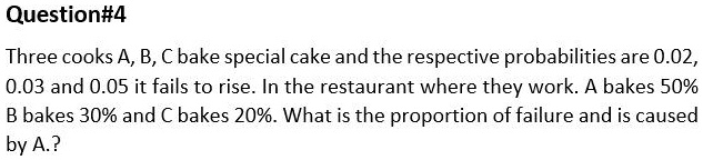 Three cooks A, B, C bake special cake and the respective probabilities are 0.02, 0.03 and 0.05 it fails to rise. In the restaurant where they work. A bakes 50% B bakes 30% and C bakes 20%. What is the proportion of failure and is caused by A.?