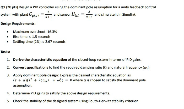 Unity Pro Pid Control q1 20 pts design a pid controller using the dominant pole assumption ...