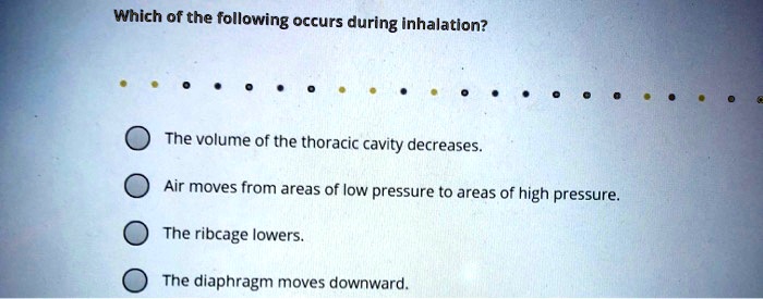 Which Of The Following Occurs During Inhalation which of the following occurs during inhalation the volume of the