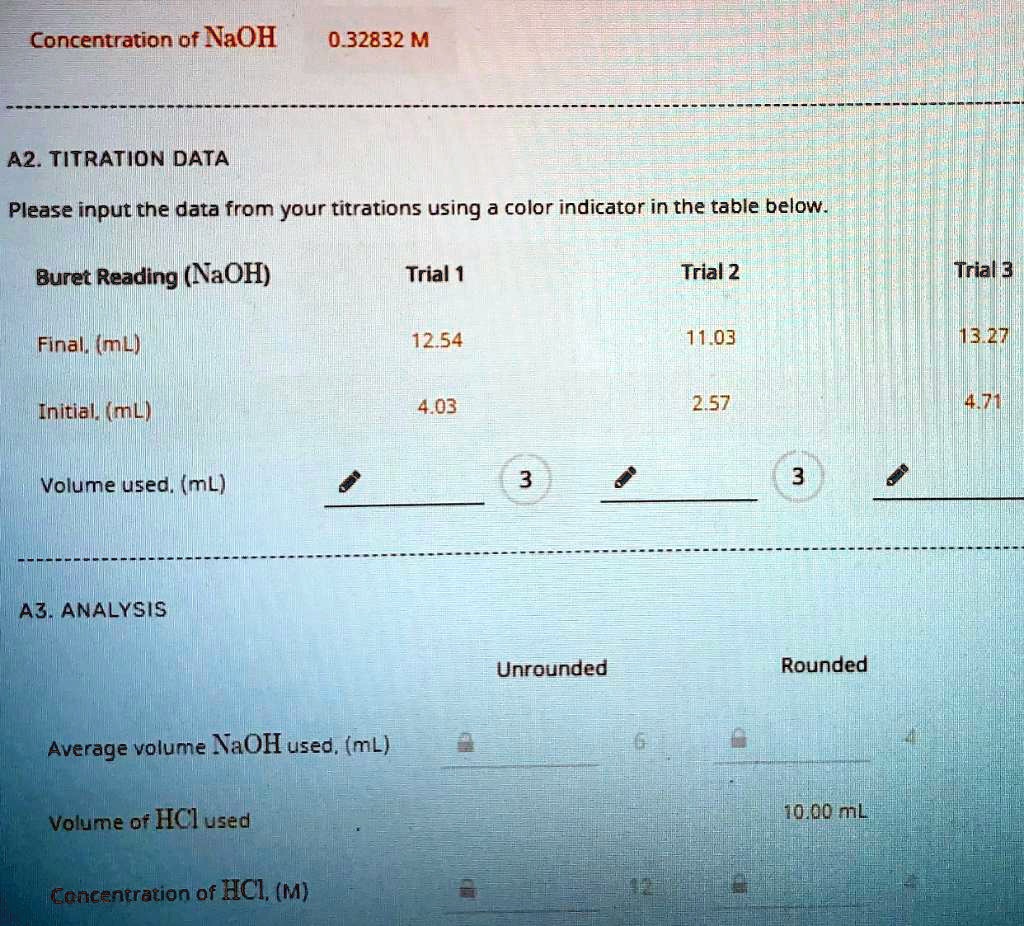 SOLVED Concentration of NaOH 0.32832 M A2. Titration Data Please input