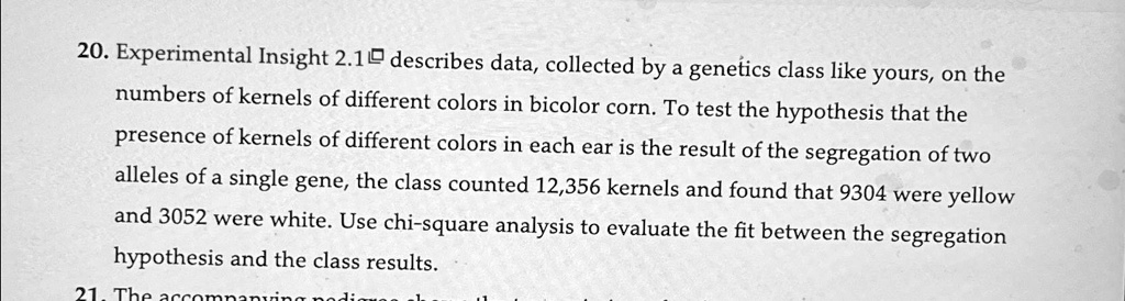 20. Experimental Insight 2.1 describes data, collected by a genetics class like yours, on the
numbers of kernels of different colors in bicolor corn. To test the hypothesis that the
presence of kernels of different colors in each ear is the result of the segregation of two
alleles of a single gene, the class counted 12,356 kernels and found that 9304 were yellow
and 3052 were white. Use chi-square analysis to evaluate the fit between the segregation
hypothesis and the class results.
21. The accompanying pedigree shows the inheritance of