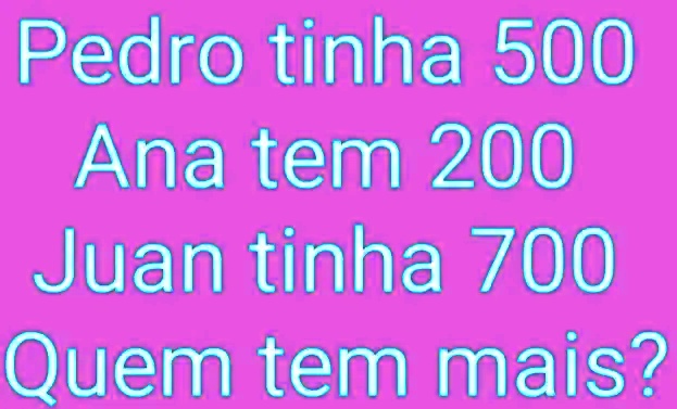 Pedro tinha 500 Ana tem 200 Juan tinha 700 Quem tem mais?
