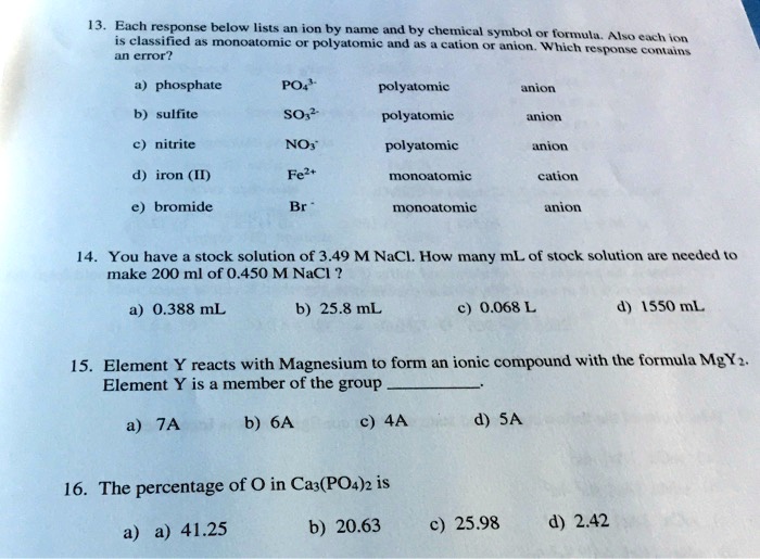 Each Response Below Lists An Element By Name, Chemical Symbol, Formula 