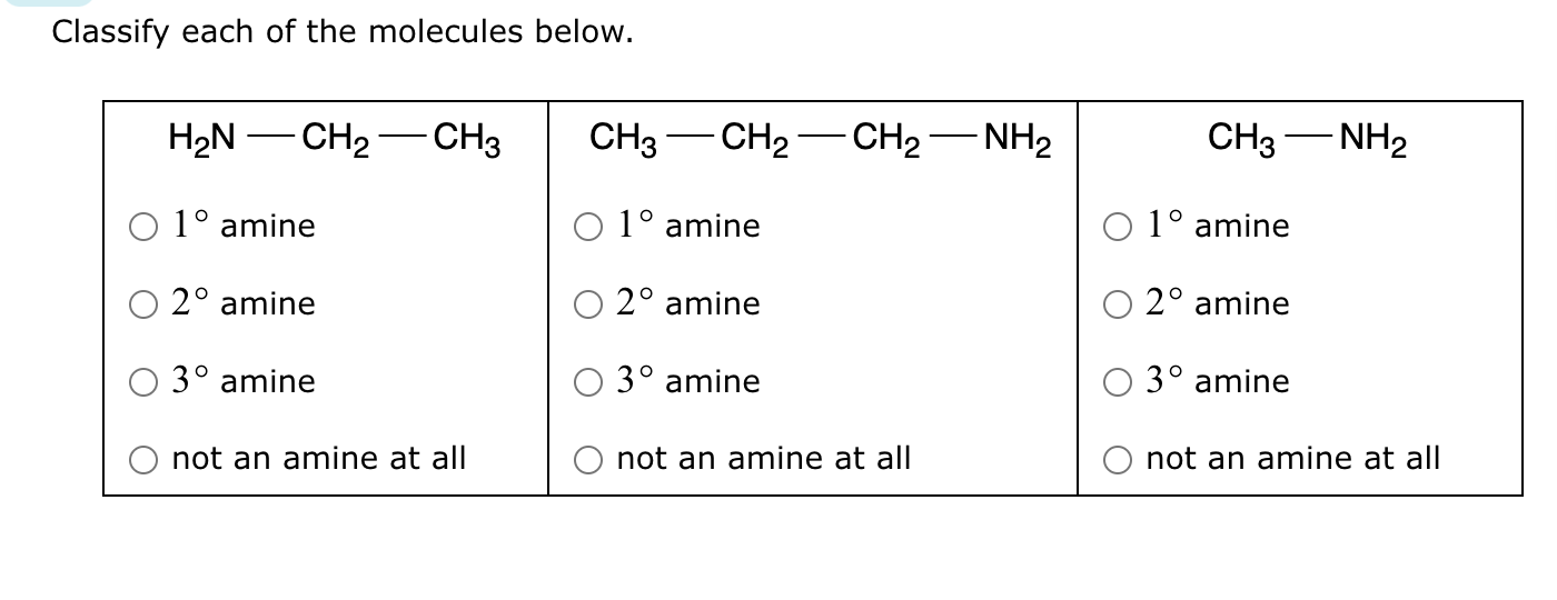 Classify each of the molecules below.

H2N — CH2 — CH3

? 1° amine
? 2° amine
? 3° amine
? not an amine at all

CH3 — CH2 — CH2 — NH2

? 1° amine
? 2° amine
? 3° amine
? not an amine at all

CH3 — NH2

? 1° amine
? 2° amine
? 3° amine
? not an amine at all