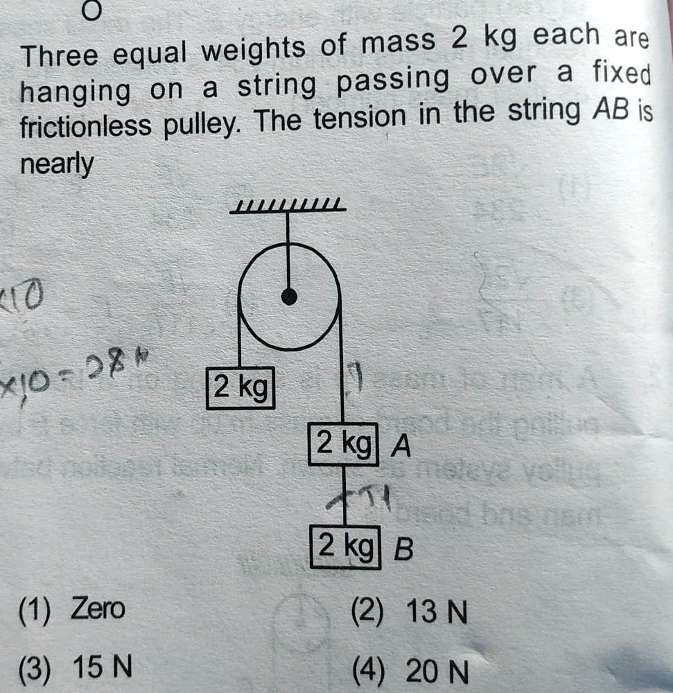 Three Equal Weights Of Mass 2 Kg Each Are Hanging On A String. The ...