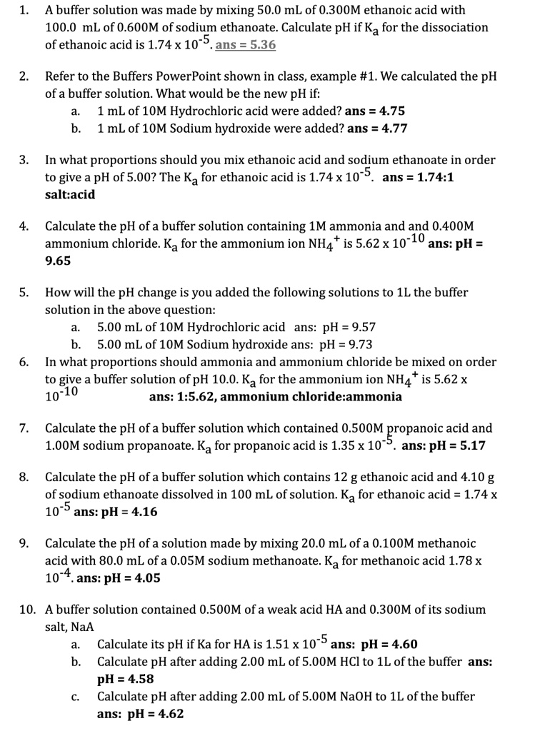 Solved A Buffer Solution Was Made By Mixing 50 0 Ml Of 0 300 M Ethanoic Acid With 100 0 Ml Of 0