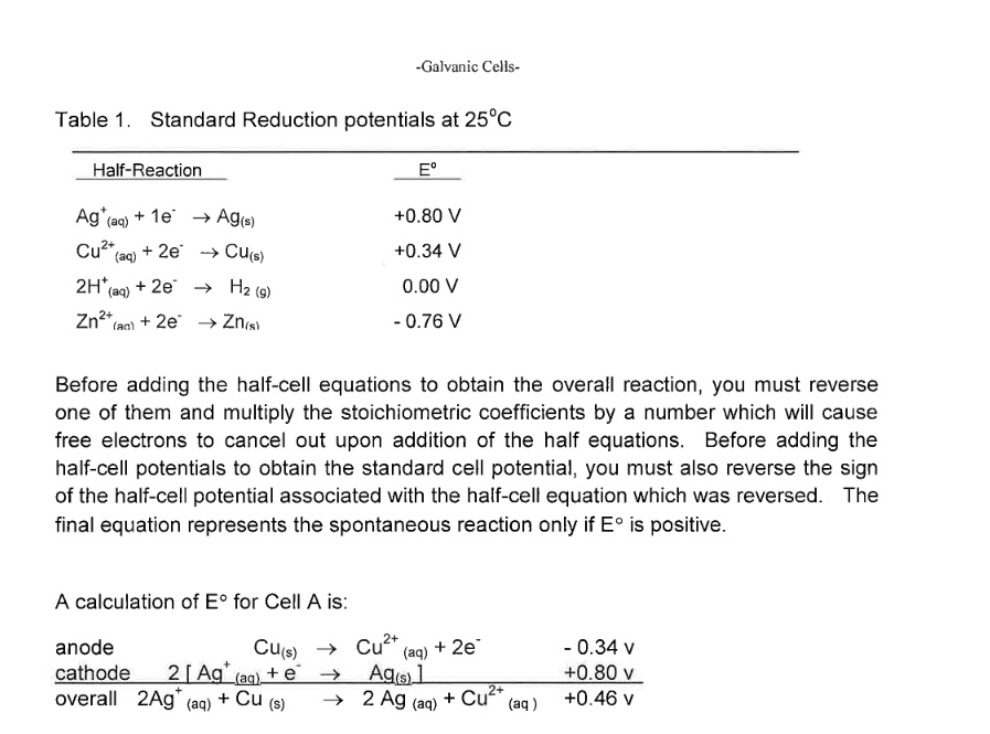 -Galvanic Cells-

Table 1. Standard Reduction potentials at 25°C

Half-Reaction
Ag+(aq) + 1e- ? Ag(s)
Cu2+(aq) + 2e- ? Cu(s)
2H+(aq) + 2e- ? H2(g)
Zn2+(aq) + 2e- ? Zn(s)

E°
+0.80 V
+0.34 V
0.00 V
- 0.76 V

Before adding the half-cell equations to obtain the overall reaction, you must reverse one of them and multiply the stoichiometric coefficients by a number which will cause free electrons to cancel out upon addition of the half equations. Before adding the half-cell potentials to obtain the standard cell potential, you must also reverse the sign of the half-cell potential associated with the half-cell equation which was reversed. The final equation represents the spontaneous reaction only if E° is positive.

A calculation of E° for Cell A is:

anode Cu(s) ? Cu2+(aq) + 2e- - 0.34 v
cathode 2 [ Ag+(aq) + e- ? Ag(s) ] +0.80 v
overall 2Ag+(aq) + Cu(s) ? 2 Ag(aq) + Cu2+(aq) +0.46 v