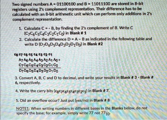 SOLVED: Text: Two signed numbers A = 01100100 and B = 11011100 are ...