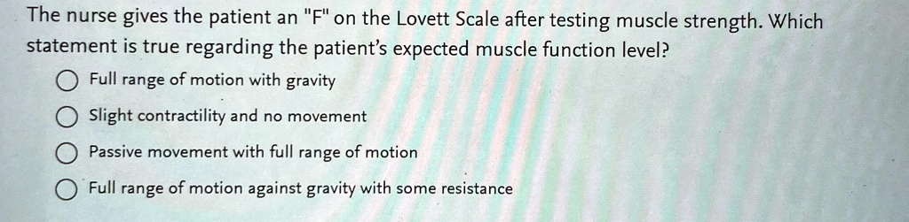 the nurse gives the patient an f on the lovett scale after testing ...