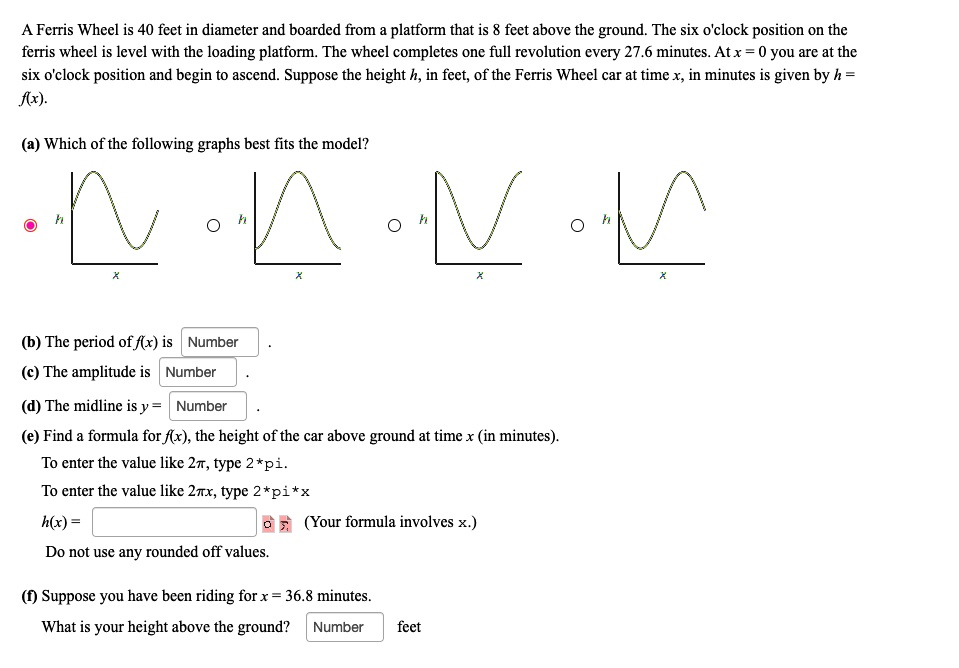 Wheel Diameter Graphs Math SOLVED: A Ferris Wheel is 40 feet in diameter and boarded from a ...