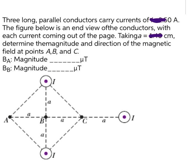 SOLVED Three long, parallel conductors carry currents of 350 A. The figure below is an end view