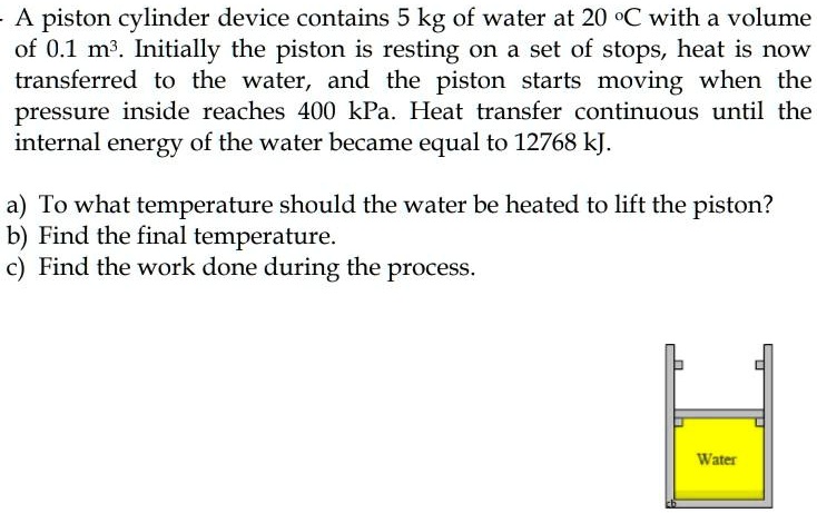 SOLVED: A piston cylinder device contains 5 kg of water at 20 oC with a ...