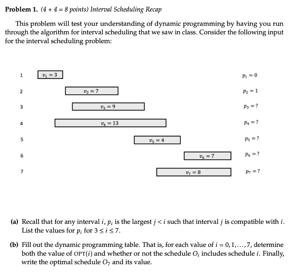 Problem 1. (4 + 4 = 8 points) Interval Scheduling Recap
This problem will test your understanding of dynamic programming by having you run
through the algorithm for interval scheduling that we saw in class. Consider the following input
for the interval scheduling problem:
1
v1 = 3
p1 = 0
2
v2 = 7
p2 = 1
3
v3 = 9
p3 = ?
4
v4 = 13
p4 = ?
5
v5 = 4
p5 = ?
6
v6 = 7
p6 = ?
7
v7 = 8
p7 = ?
(a) Recall that for any interval i, pi is the largest j < i such that interval j is compatible with i.
List the values for pi for 3 ≤ i ≤ 7.
(b) Fill out the dynamic programming table. That is, for each value of i = 0, 1, ..., 7, determine
both the value of OPT(i) and whether or not the schedule Oi includes schedule i. Finally,
write the optimal schedule O7 and its value.