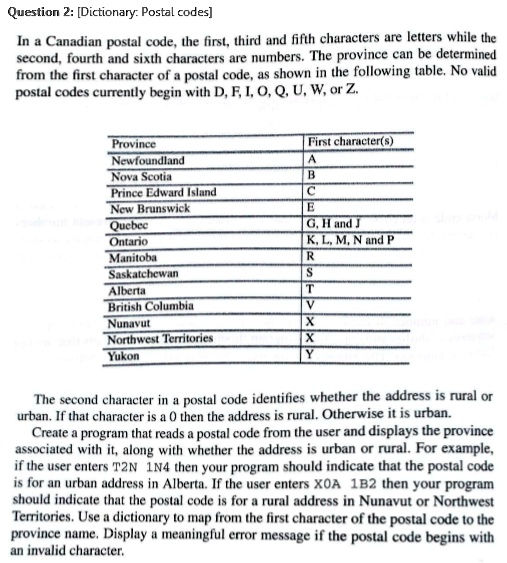 Question 2: [Dictionary: Postal codes] In a Canadian postal code, the ...