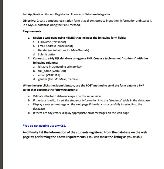 SOLVED: Lab Application: Student Registration Form with Database ...
