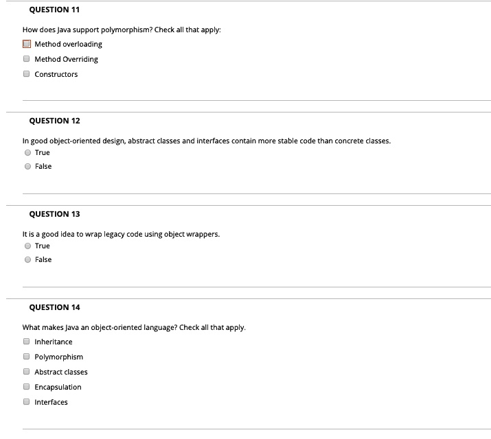 SOLVED: QUESTION 11 How does Java support polymorphism? Check all that ...