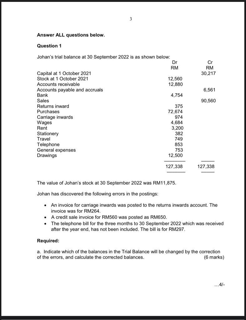 SOLVED 3 Answer ALL questions below. Question 1 Johan's trial balance