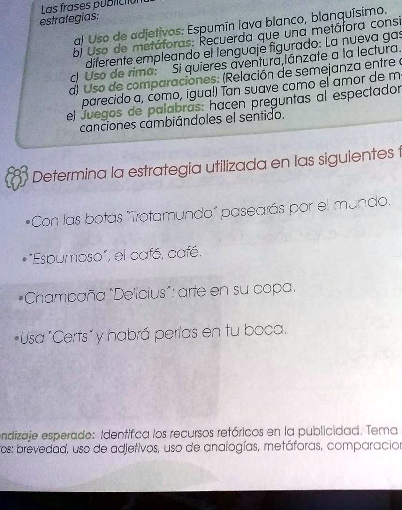 SOLVED: por favor la nesecito para hora porfa Las frases pUDIICIAI  estrategias; Espumín lava blanco, blengorsimor consil al Uso de adjetivos:  Recuerda que una La nueva gas 8l Uso de metcleondc figurado: