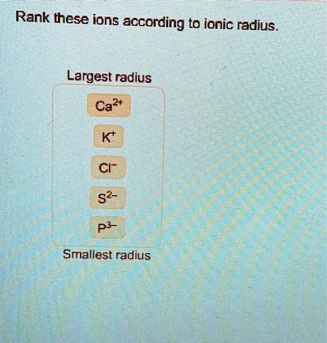 SOLVED: Rank these ions according to Ionic radius Largest radius Ca? K