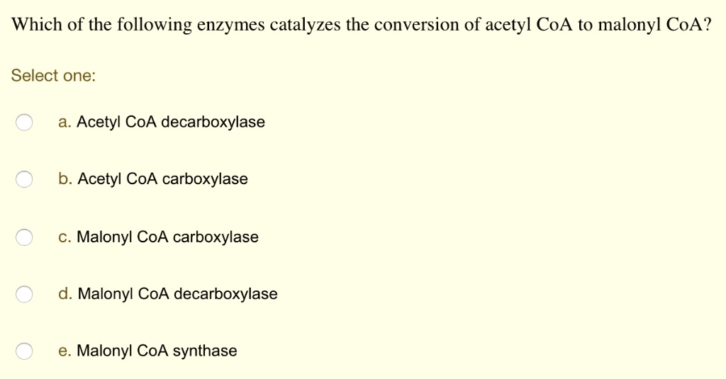 Which of the following enzymes catalyzes the conversion of acetyl CoA to malonyl CoA?
Select one:
a. Acetyl CoA decarboxylase
b. Acetyl CoA carboxylase
c. Malonyl CoA carboxylase
d. Malonyl CoA decarboxylase
e. Malonyl CoA synthase