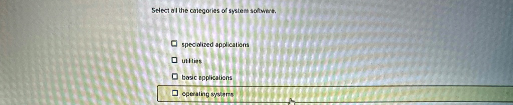 Select all the categories of system software.
specialized applications
utilities
basic applications
operating systems