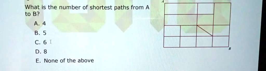 What is the number of shortest paths from A
to B?
A. 4
B. 5
C. 6
D. 8
E. None of the above
B