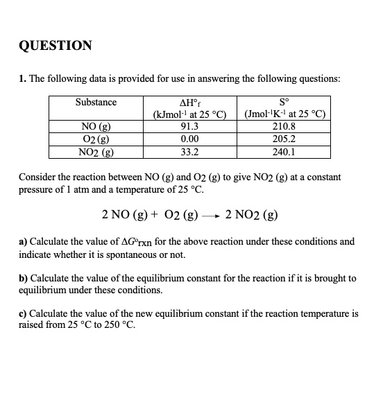 QUESTION

1. The following data is provided for use in answering the following questions:

Substance | ?H°f (kJmol?¹ at 25 °C) | S° (Jmol?¹K?¹ at 25 °C)
NO (g) | 91.3 | 210.8
O2 (g) | 0.00 | 205.2
NO2 (g) | 33.2 | 240.1

Consider the reaction between NO (g) and O2 (g) to give NO2 (g) at a constant pressure of 1 atm and a temperature of 25 °C.

2 NO (g) + O2 (g) ? 2 NO2 (g)

a) Calculate the value of ?G°rxn for the above reaction under these conditions and indicate whether it is spontaneous or not.

b) Calculate the value of the equilibrium constant for the reaction if it is brought to equilibrium under these conditions.

c) Calculate the value of the new equilibrium constant if the reaction temperature is raised from 25 °C to 250 °C.