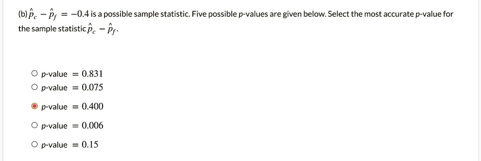 (b) p?c – p?f = ?0.4 is a possible sample statistic. Five possible p-values are given below. Select the most accurate p-value for the sample statistic p?c – p?f.

p-value = 0.831
p-value = 0.075
p-value = 0.400
p-value = 0.006
p-value = 0.15
