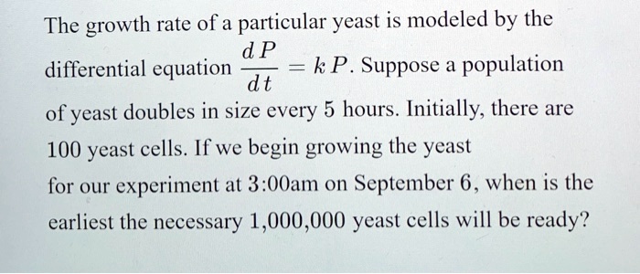 SOLVED: The growth rate of a particular yeast is modeled by the d P ...