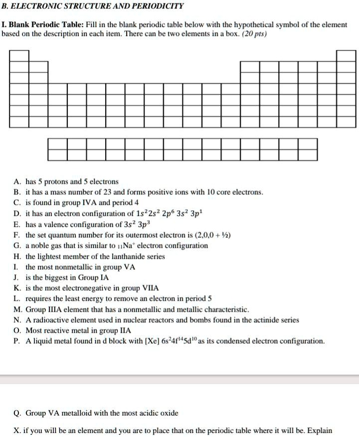 SOLVED: B. ELECTRONIC STRUCTURE AND PERIODICITY [Blank Periodic Table ...