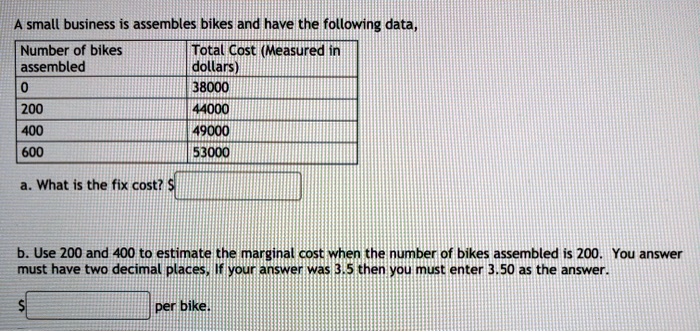 A small business is assembles bikes and have the following data,
Number of bikes assembled | Total Cost (Measured in dollars)
0 | 38000
200 | 44000
400 | 49000
600 | 53000
a. What is the fix cost? b. Use 200 and 400 to estimate the marginal cost when the number of bikes assembled is 200. You answer must have two decimal places, If your answer was 3.5 then you must enter 3.50 as the answer. per bike.