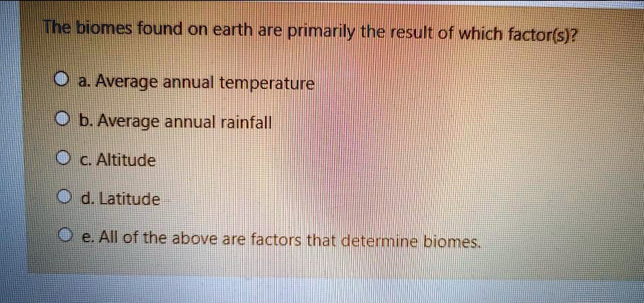 The biomes found on earth are primarily the result of which factor(s)?
a. Average annual temperature
b. Average annual rainfall
c. Altitude
d. Latitude
e. All of the above are factors that determine biomes.