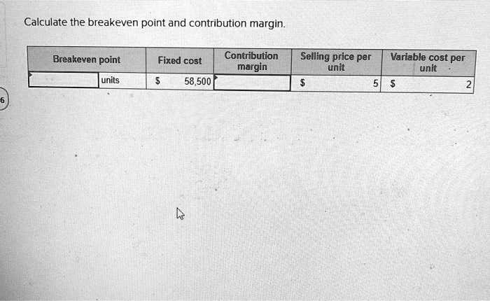 Calculate the breakeven point and contribution margin.

Breakeven point | Fixed cost | Contribution margin | Selling price per unit | Variable cost per unit
— | — | — | — | —
units | 58,500 | | 5 | 2