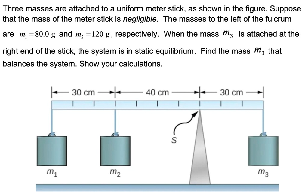 SOLVED Three masses are attached to a uniform meter stick, as shown in the figure. Suppose that