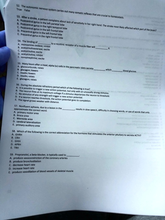 52. The autonomic nervous system carries out many somatic reflexes that are crucial to homeostasis.
True False
53. After a stroke, a patient complains about lack of sensitivity in her right hand. The stroke most likely affected which part of the brain?
A. Postcentral gyrus in the left parietal lobe
B. Postcentral gyrus in the right temporal lobe
C. Postcentral gyrus in the left frontal lobe
D. Precentral gyrus in the left frontal lobe
E. Precentral gyrus in the right frontal lobe
54. The binding of  to a nicotinic receptor of a muscle fiber will  it.
A. monoamine oxidase; inhibit
B. acetylcholinesterase; excite
C. acetylcholine; excite
D. acetylcholine; inhibit
E. norepinephrine; excite
55. Many hours after a meal, alpha (?) cells in the pancreatic islets secrete , which  blood glucose.
A. glucocorticoids; raises
B. glucagon; lowers
C. insulin; lowers
D. insulin; raises
E. glucagon; raises
56. During the absolute refractory period which of the following is true?
A. It is possible to trigger a new action potential, but only with an unusually strong stimulus.
B. The neuron fires at its maximum voltage if a stimulus depolarizes the neuron to threshold.
C. No stimulus of any strength will trigger a new action potential.
D. If a neuron reaches threshold, the action potential goes to completion.
E. The signal grows weaker with distance.
57. Nonfluent aphasia, due to a lesion in the , results in slow speech, difficulty in choosing words, or use of words that only approximate the correct word.
A. primary motor area
B. Broca area
C. Wernicke area
D. cerebral lateralization
E. primary auditory area
58. Which of the following is the correct abbreviation for the hormone that stimulates the anterior pituitary to secrete ACTH?
A. GHRH
B. CRH
C. GHIH
D. APRH
E. TRH
59. Propranolol, a beta-blocker, is typically used to .
A. produce vasoconstriction of the coronary arteries
B. produce bronchodilation
C. decrease heart rate
D. increase heart rate
E. produce vasodilation of blood vessels of skeletal muscle
