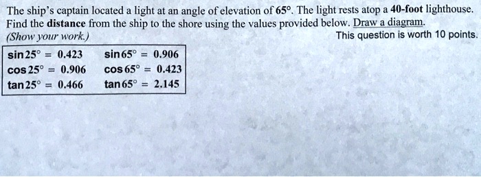 the ship caplain located light at an angle of elevation of 659 the light rests atop 40 foot lighthouse find the distance from the ship to the shore using the values provided below draw diagr 85588