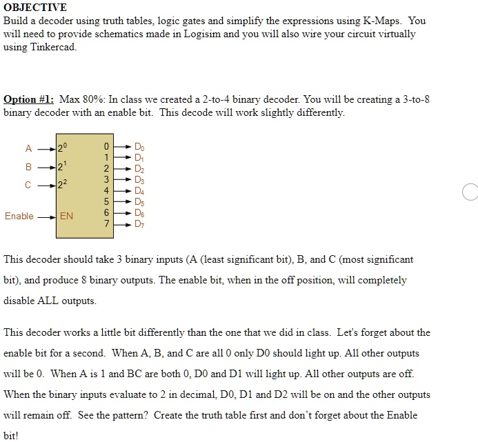 OBJECTIVE Build a decoder using truth tables, logic gates and simplify ...